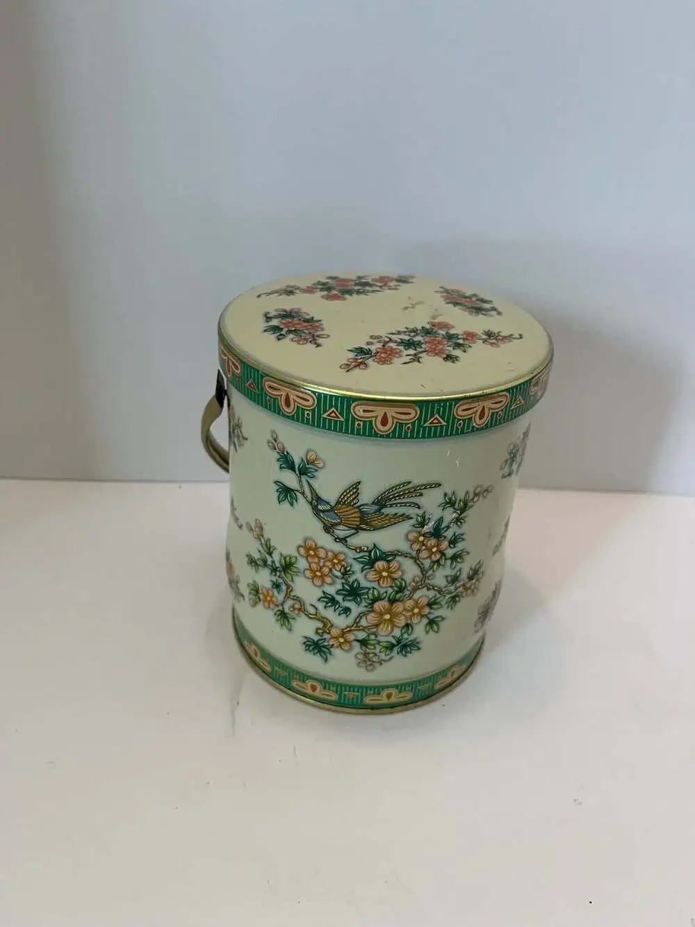 Vintage Daher England Bird Floral Metal Tin Canister w/ Lid Handle Round